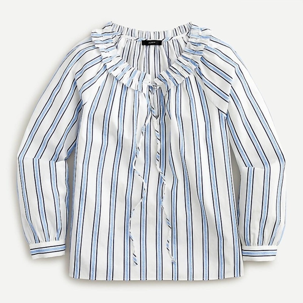NWT J. Crew Tie-front ruffle top in stripe White Blue Size Large AW850 J-1060